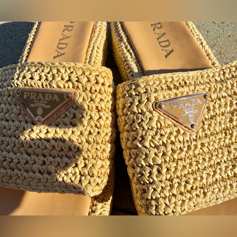Prada Tan Woven Platform Slide Sandals - Picture 5 of 9